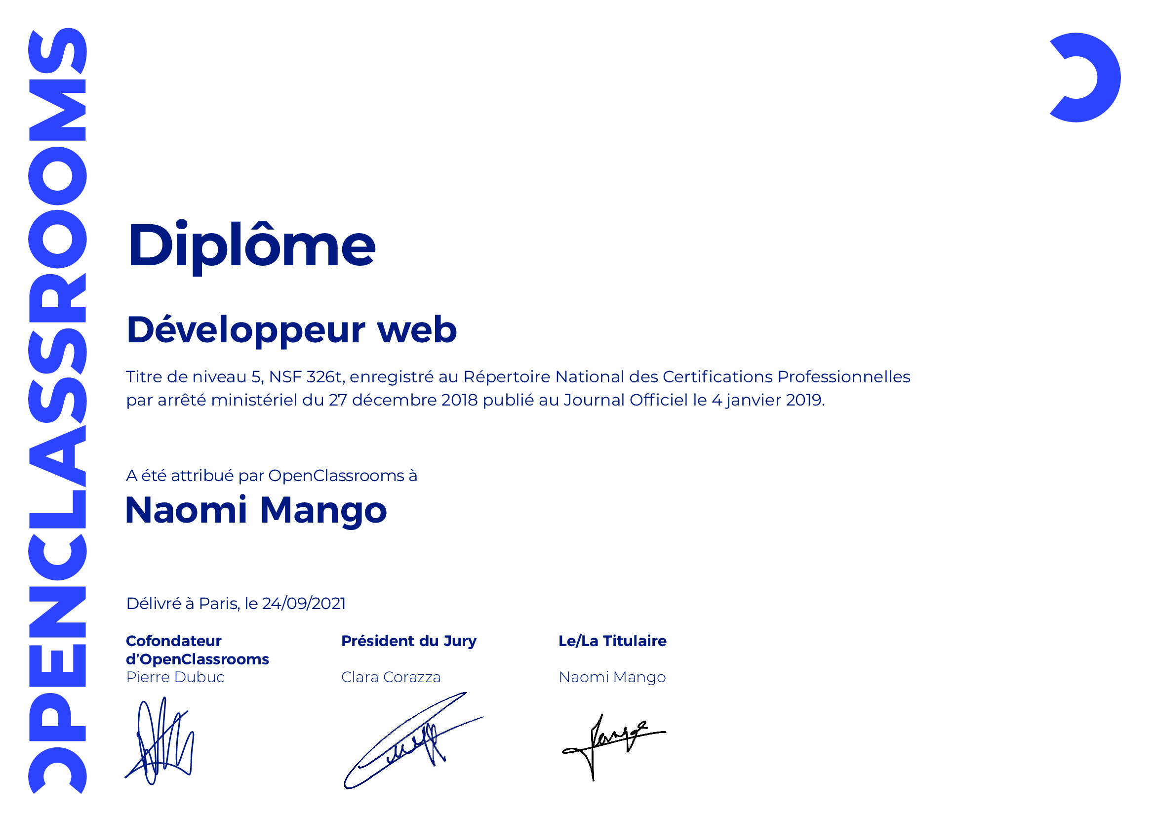 Diplôme de Développeur Web de Naomi Mango