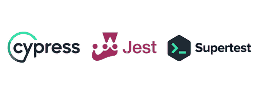 Logo des outils de tests et de qualité logicielle Cypress, Jest et Supertest
